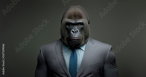 Gorilla dressed in a formal business suit. anthropomorphic businessman. Generative AI