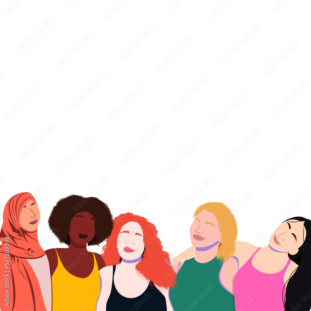 Fototapeta premium Ilustración colorida del 8 de Marzo Dia Internacional de la Mujer. Grupo de diferentes mujeres. Lugar para el texto, sin fondo.