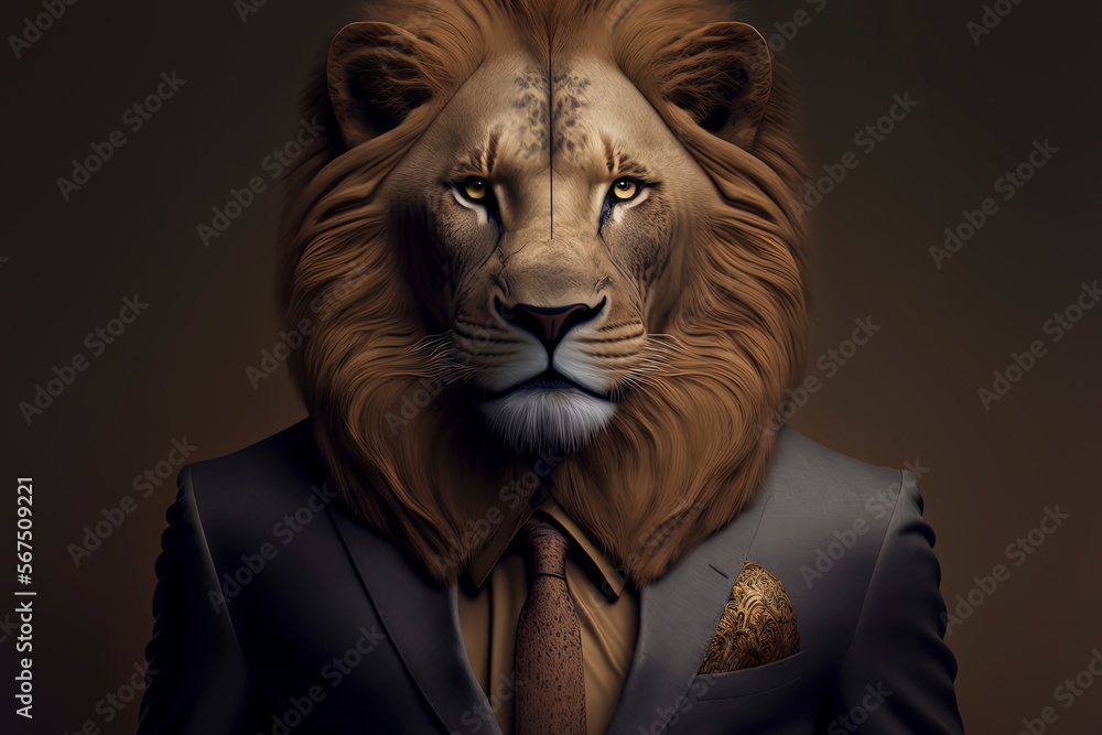 Lion dressed in a formal business suit. anthropomorphic businessman. Generative AI Lion dressed in a formal business suit. anthropomorphic businessman. Generative AI