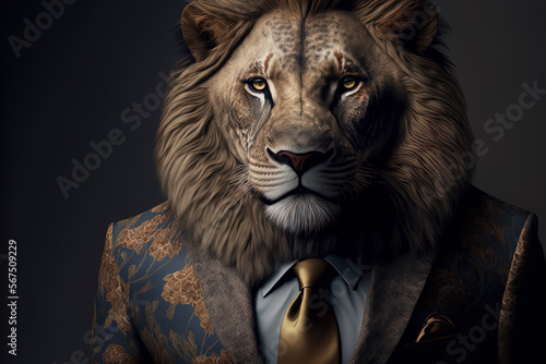 Lion dressed in a formal business suit. anthropomorphic businessman. Generative AI