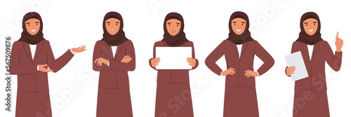 A young Muslim woman in a hijab in a business suit with a tablet in different poses teaches, brings information, thinks. Vector flat graphics.