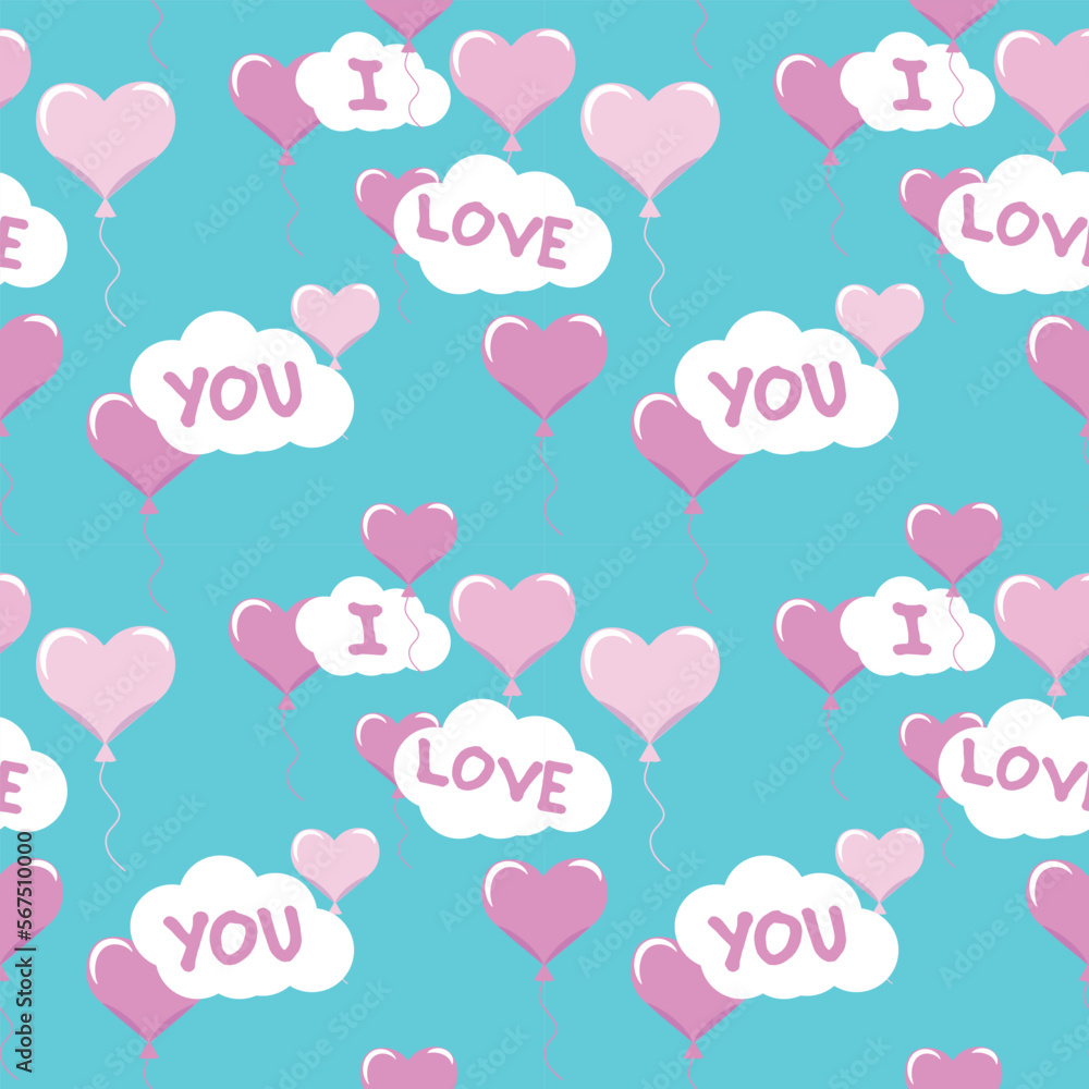 Light pink heart-shaped balloons and clouds in the sky - seamless pattern