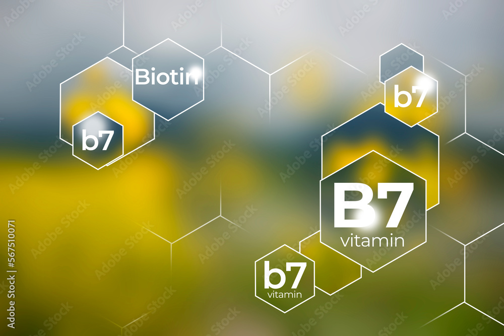 Molecular model of vitamin B7. Hexagons with Vitamin B7 name, blurry ...