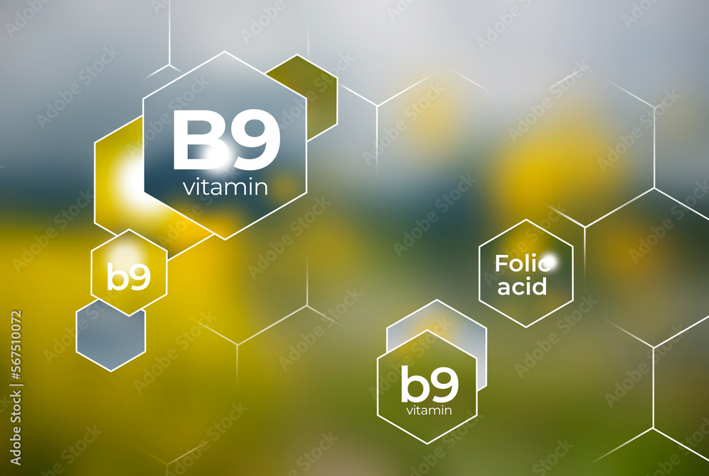 Molecular model of vitamin B9. Hexagons with Vitamin B9 name, blurry