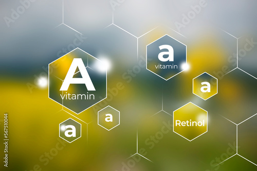Molecular model of vitamin A, retinol. Hexagons with Vitamin A name, yellow and blue background.