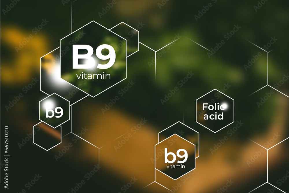 Molecular model of vitamin B9. Hexagons with Vitamin B9 name, blurry