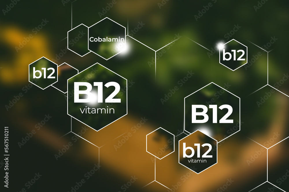 Molecular model of vitamin B12. Hexagons with Vitamin B12 name, blurry