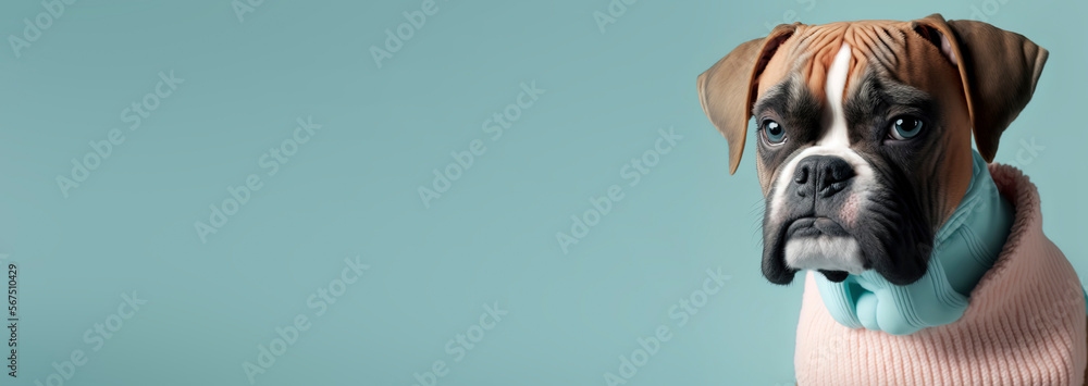 close up of a Boxer dog with a Blue pastel background. Dog fashion photo. Generative AI