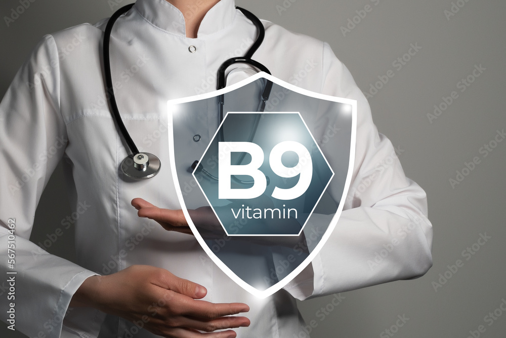 Molecular model of vitamin B9. Shield in doctor`s hands with Vitamin B9 ...
