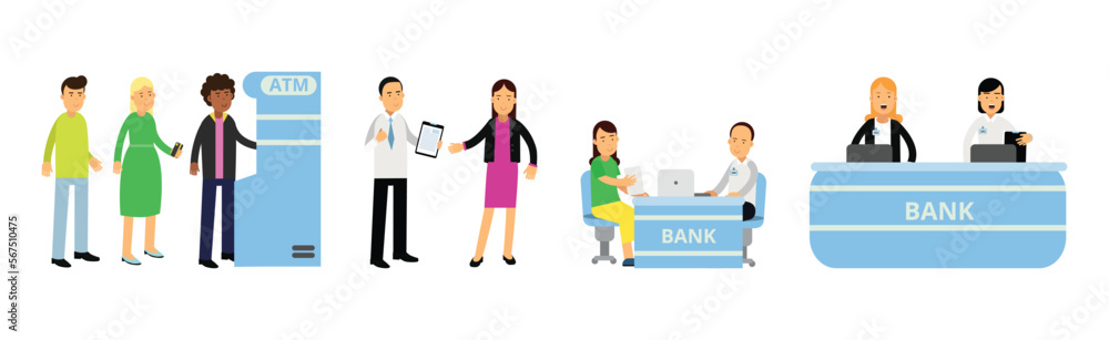 Bank Customers and Staff Serving Clients Vector Illustration Set Bank Customers and Staff Serving Clients Vector Illustration Set