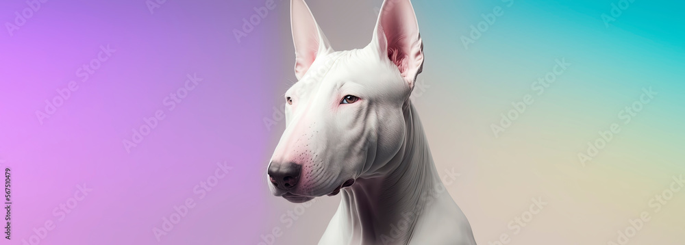 close up of a Bull Terrier dog with a Purple pastel background. Dog fashion photo. Generative AI