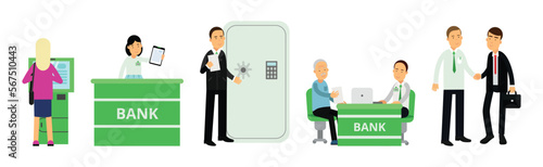 Bank Customers and Staff Serving Clients Vector Illustration Set