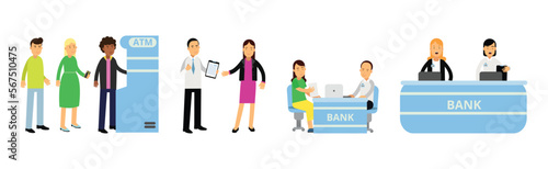 Bank Customers and Staff Serving Clients Vector Illustration Set