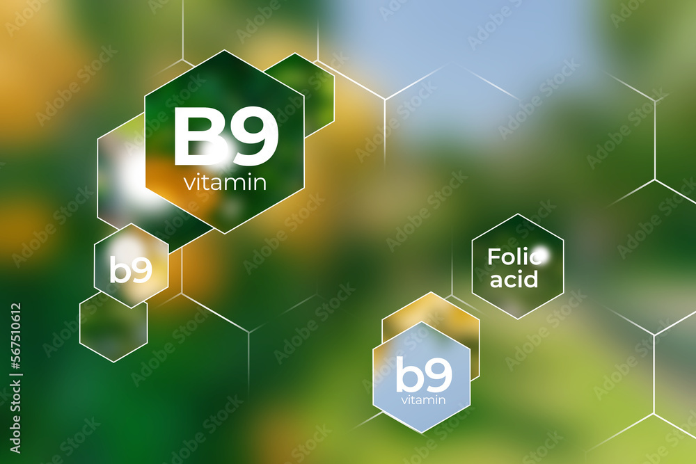 Molecular model of vitamin B9. Hexagons with Vitamin B9 name, blurry