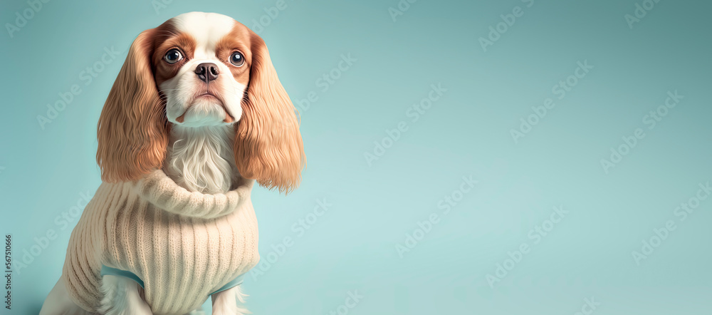 close up of a Cavalier King Charles Spaniel dog with a Blue pastel background. Dog fashion photo. Generative AI