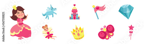 Princess Attributes with Fairy, Castle, Unicorn, Crown, Magic Wand and Diamond Vector Set