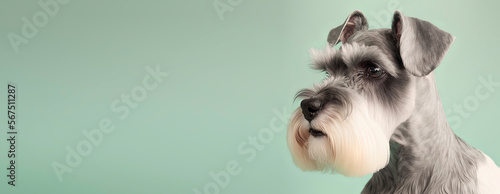 close up of a Miniature Schnauzer dog with a pastel background. Dog fashion photo. Generative AI photo