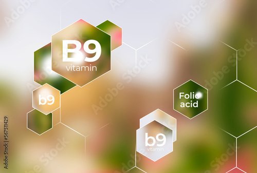 Molecular model of vitamin B9. Hexagons with Vitamin B9 name, blurry floral pink background.
