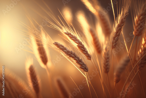 Wheat field at sunset background. AI generated image.