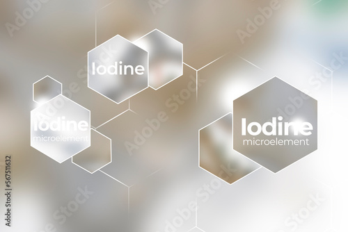 Immunity protection concept, Iodine. Hexagons with Na, Iodine icon, blurry marble background. photo