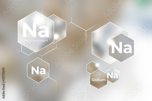 Immunity protection concept, Na, Sodium. Hexagons with Na, Sodium icon, blurry marble background.