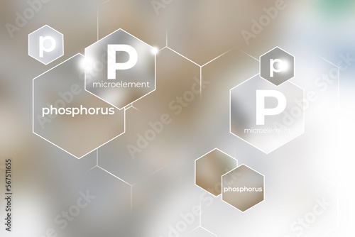 Microelement supplement concept  Phosphorus. Hexagons with Phosphorus icon  blurry murble background.