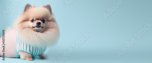 close up of a Pomeranian dog with a Blue pastel background. Dog fashion photo. Generative AI