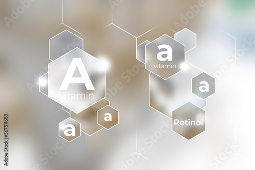 Molecular model of vitamin A, retinol. Hexagons with Vitamin A name, marble beige background.