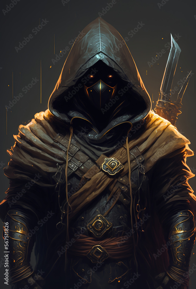 assassin in a hoodie with a dagger, full body, RPG game character, dark fantasy character, art illustration assassin in a hoodie with a dagger, full body, RPG game character, dark fantasy character, art illustration