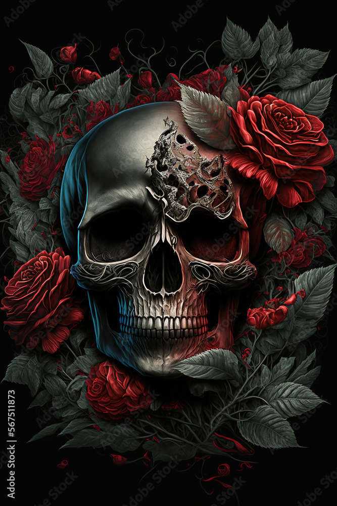 dark creepy valentines skull roses, concept art illustration Stock ...