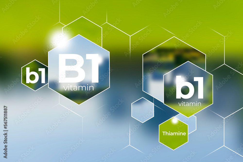 Molecular model of vitamin B1, Thiamine. Hexagons with Vitamin B1 name