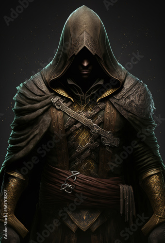 assassin in a hoodie with a dagger, full body, RPG game character, dark fantasy character, art illustration 