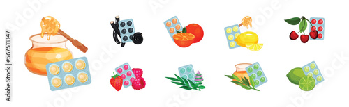 Lozenge Blister Packs with Different Flavour as Throat Candies and Cough Remedy Vector Set