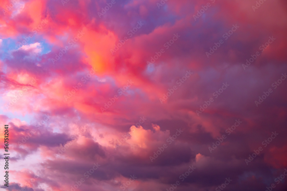 Colorful dramatic sky with pink and purple clouds before sunset. Natural sky background.