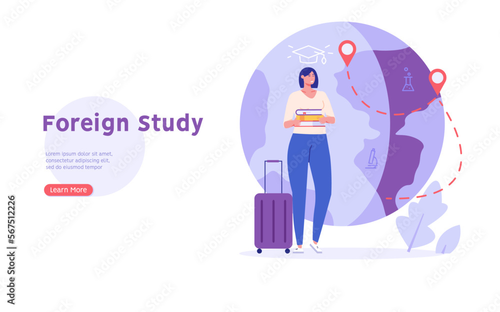 Fototapeta premium Foreign student learning in international high school. Concept of foreign study, global education, student exchange program, educational tourism. Vector illustration in flat design for web banner