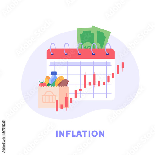 Consumer with shopping cart and grocery prices rising. Increase inflation icon. Concept of inflation, rising food cost, financial crisis. Vector illustration in flat cartoon design.