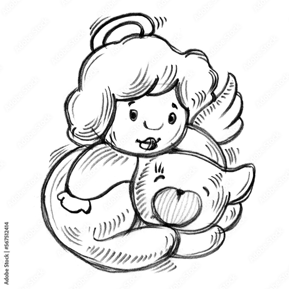 Angels, angels. Graphic black and white isolated drawing. Handmade work. Decoration for Valentine's day. Love, wedding. Print for children.Religion, character. Angels, angels. Graphic black and white isolated drawing. Handmade work. Decoration for Valentine's day. Love, wedding. Print for children.Religion, character.