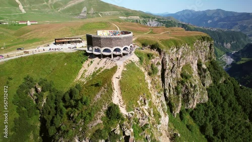 Drone Georgia. Gudauri View Point Mountaintop lookout, Russia-Georgia Friendship Monument. Famous landmark destination near Tbilisi. photo