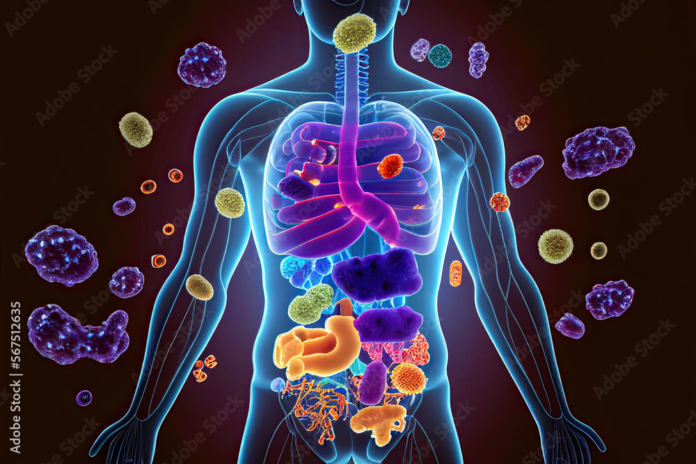 Immune system, protection against viruses and bacterias. Different shapes bacterias and virus cells near person silhouette. Created with generative ai