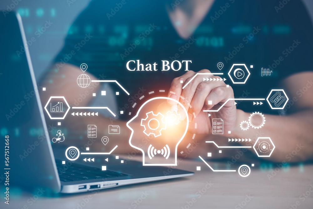 Man using Laptop and touch bar Chat bot Chat with AI, Artificial  Intelligence,System Artificial intelligence an artificial intelligence  chatbot, Digital chatbot, Robot application, conversation foto de Stock |  Adobe Stock