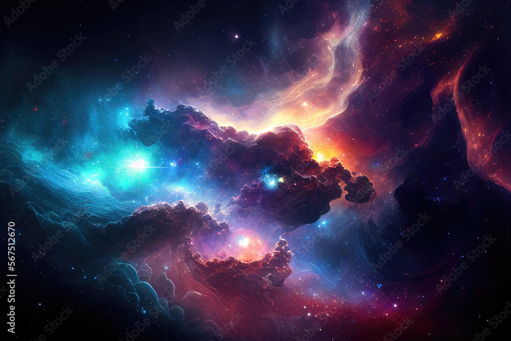 Fototapeta premium Space background. Galaxy and nebula in night sky with bright stars. Abstract cosmic background. Created with generative AI