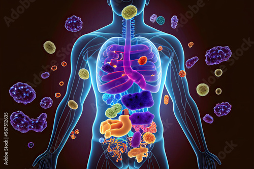 Obraz na płótnie Immune system, protection against viruses and bacterias. Different shapes bacterias and virus cells near person silhouette. Created with generative ai w salonie