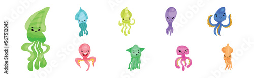 Fototapeta Naklejka Na Ścianę i Meble -  Adorable Jellyfish and Squid Characters Isolated on White Background Vector Set