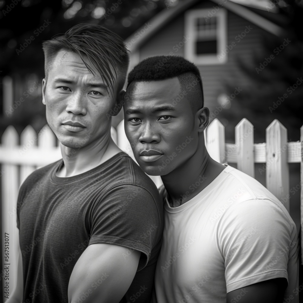 Fototapeta premium Biracial gay couple with white picket fence, Generative AI