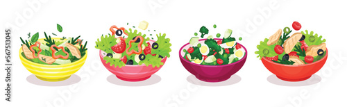 Fototapeta Naklejka Na Ścianę i Meble -  Fresh Salads in Bowl with Green Vegetables and Meat Vector Set