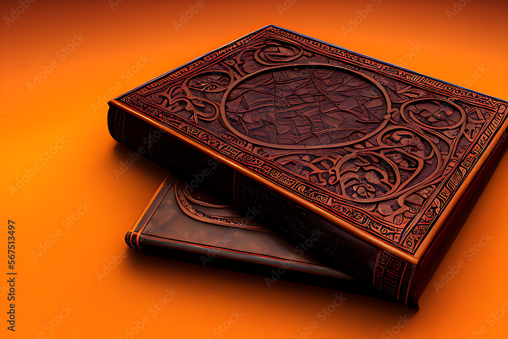 Ancient, old leather-bound book with an orange background, Generative AI Ancient, old leather-bound book with an orange background, Generative AI