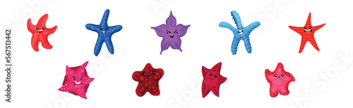 Starfish or Sea Star Smiling and Waving Arms Vector Set