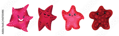 Starfish or Sea Star Smiling and Waving Arms Vector Set
