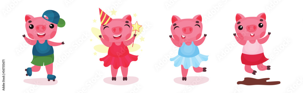Funny Pink Pig with Cute Snout Engaged in Different Activity Vector Set