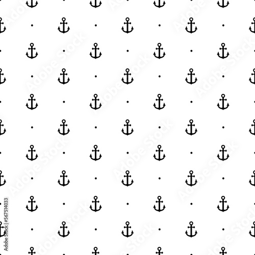 Anchor and dot ship seamless pattern. Black color symbol boat or steering on white background. Repeated marine texture. Repeat nautical design for travel prints. Repeating sea backdrop. Vector illustr